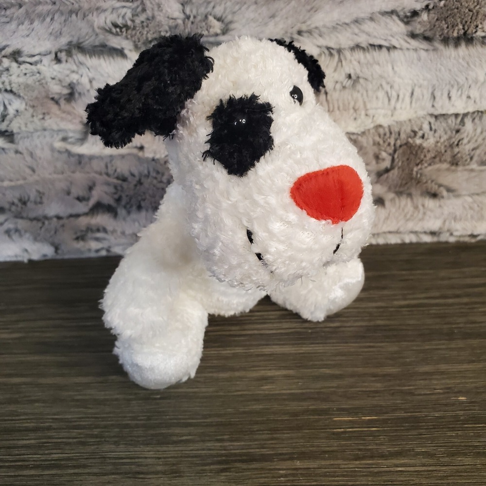 Megatoys Small 6" Plush White Dog Black Eye‎ Patch & Ears, Red Nose & Collar